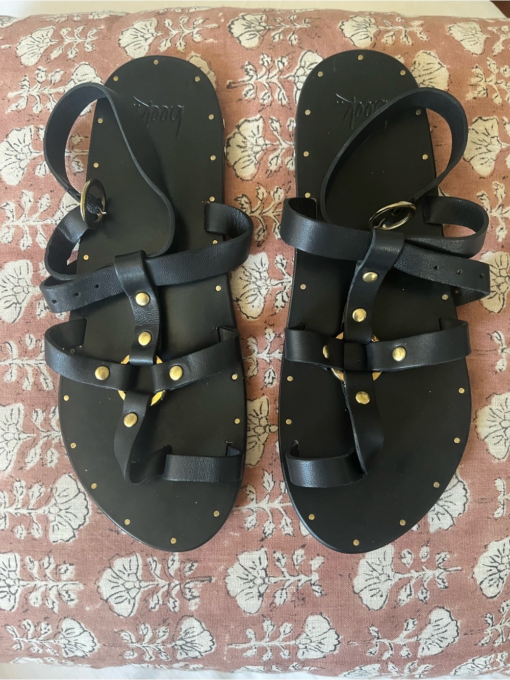 Beek Miner Leather Strap Sandals Black Gladiator with Gold Studs